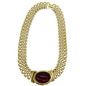 Vintage Napier Gold Tone Necklace with Ruby Red Cabochon
